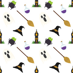 Halloween elements seamless patterns background with Ghost, hat and broom, illustration Vector EPS 10