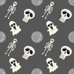 Halloween elements seamless patterns background with Ghost, Moon, and Skeleton, illustration Vector EPS 10
