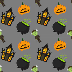 Halloween elements seamless patterns background with  pumpkin and Haunted Castle, illustration Vector EPS 10