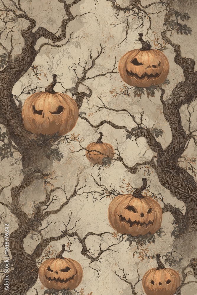 Poster vintage jack-o'-lanterns and twisted trees pattern on textured background