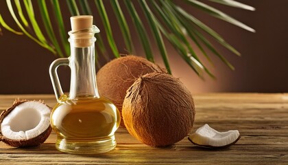 Bottle of Organic Coconut Oil on Wooden Table with Copy Space for Text