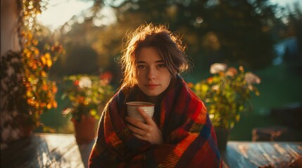 A young Caucasian woman with brown hair sits wrapped in a colorful blanket, holding a cup. The scene captures the essence of slow life and autumn comfort at home.