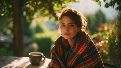 A young Caucasian woman with brown hair sits wrapped in a colorful blanket, enjoying a cup of coffee outdoors in an autumn setting. Soft sunlight filters through leaves.
