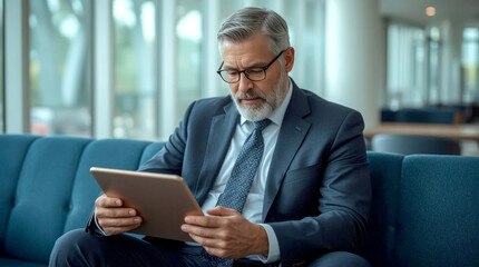 Elegant business multitasking multimedia man using devices. mature businessman with a distinguished grey beard and short hair, dressed in a sharp dark blue suit and patterned tie