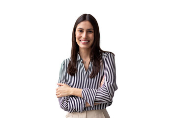 Portrait of a businesswoman smiling with crossed arms on a transparent background, ready to be used in any project