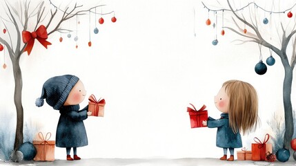Cheerful card with children eagerly unwrapping holiday presents in a space adorned with colorful ornaments and glittering lights.