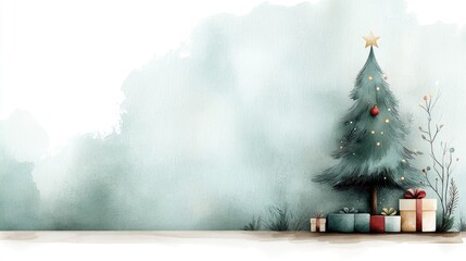 Festive holiday card with a beautifully trimmed Christmas tree in a cozy room, surrounded by bright presents and glimmering decorations.