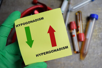 Concept of Hypogonadism and Hypergonadism with symbolic arrow write on sticky notes isolated on Wooden Table. healthcare