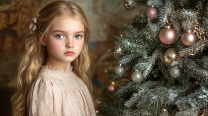 A girl with long blonde hair in a delicate pink dress, standing near a Christmas tree adorned with silver and soft pink ornaments, exuding a classic Victorian atmosphere.