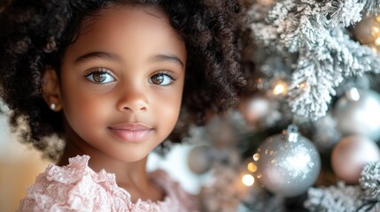 A young child with dark brown curls in a pastel pink dress standing by a Victorian-style Christmas tree in silver and soft pink, glowing with holiday warmth.