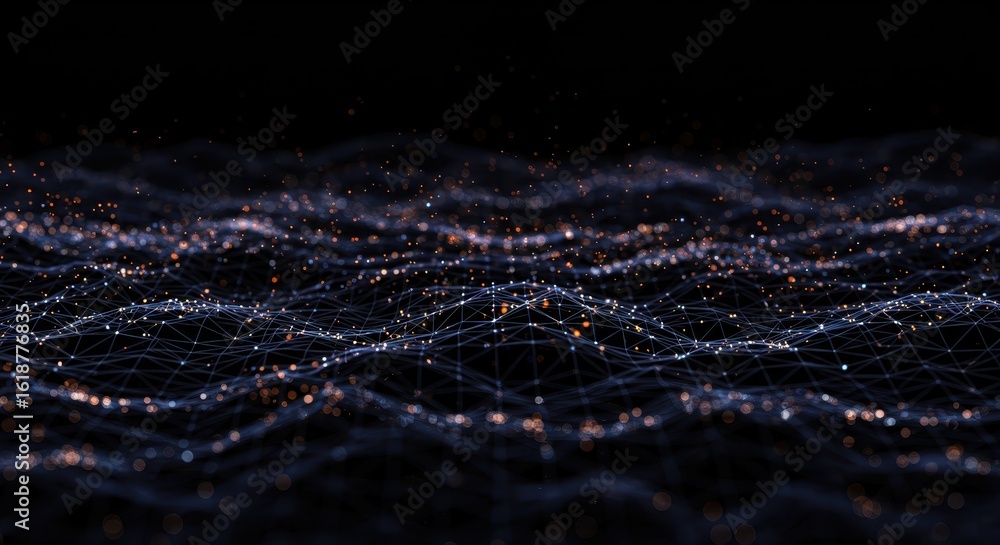Fototapete complex network visualization with interconnected nodes and abstract wave patterns