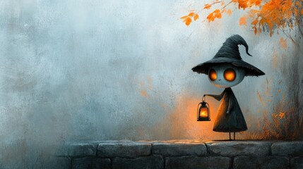 Little cartoon zombie holding a glowing lantern, standing on a cobbled path in a fairy tale.