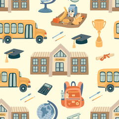 Back to school illustration with school building, bus, lunch tray, office supplies and backpack. Vector hand drawn flat style seamless pattern on yellow background