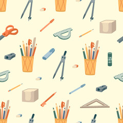 Back to school illustration with office supplies. Vector hand drawn flat style seamless pattern on yellow background.	
