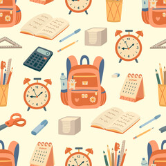 Back to school seamless pattern with hand drawn school supplies like backpack, alarm clock, notebooks, calculator, pens, pencils, sticky notes, and scissors in flat vector style