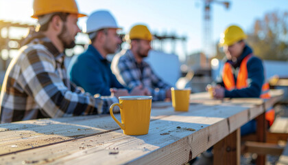 construction workers in hard hats are on a break, sitting around a wooden table with yellow mugs