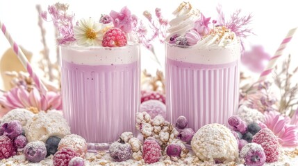 Refreshing Pink Milkshakes with Flowers and Berries on White Background