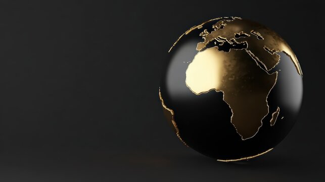 3D render of a luxurious black and gold globe, Africa and Europe continents visible, glossy metallic golden continents over matte black surface - Powered by Adobe