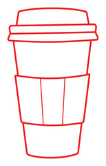 Red outline of a disposable coffee cup with lid and sleeve drink beverage