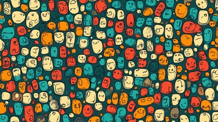 Colorful hand-drawn seamless pattern with many funny cartoon faces.