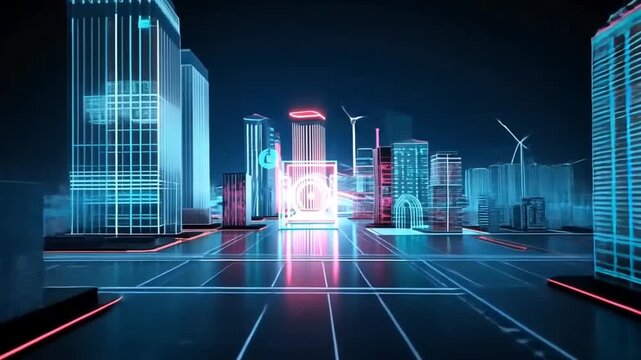 Neonlit city skyline featuring skyscrapers a central circular structure and flat glowing streets