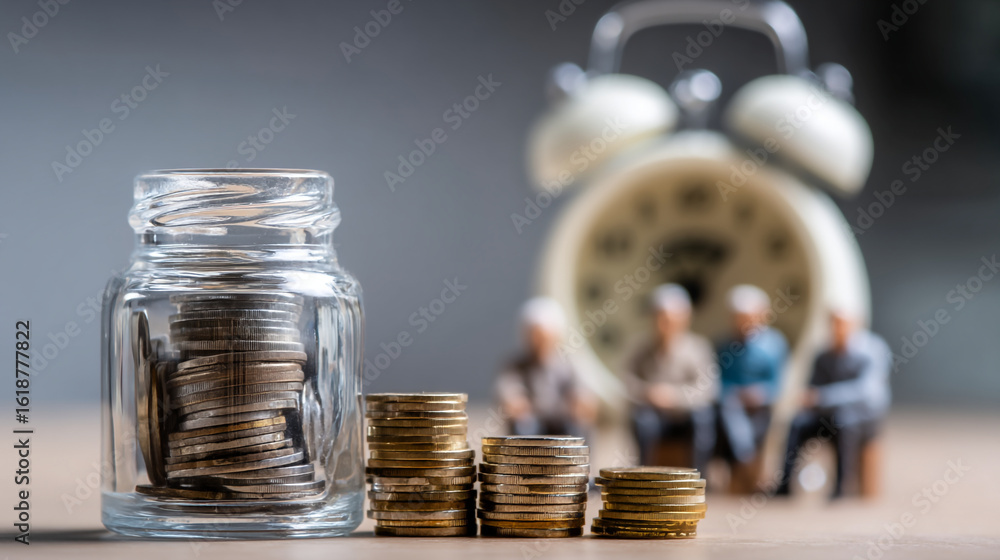 Poster coins in a jar with stacks of coins and a clock with people in the background