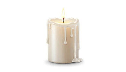 Ivory Candle with Dripping Wax and Flickering Flame on White