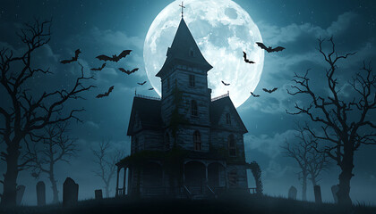 Haunted House Under a Glowing Full Moon with Bats Flying Around
