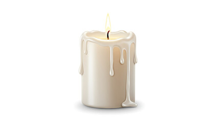 Lit Ivory Candle With Dripping Wax On White Background