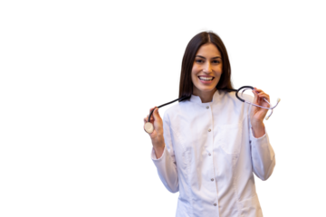 Confident female doctor smiling and holding a stethoscope, isolated on transparent background, representing healthcare and medical expertise