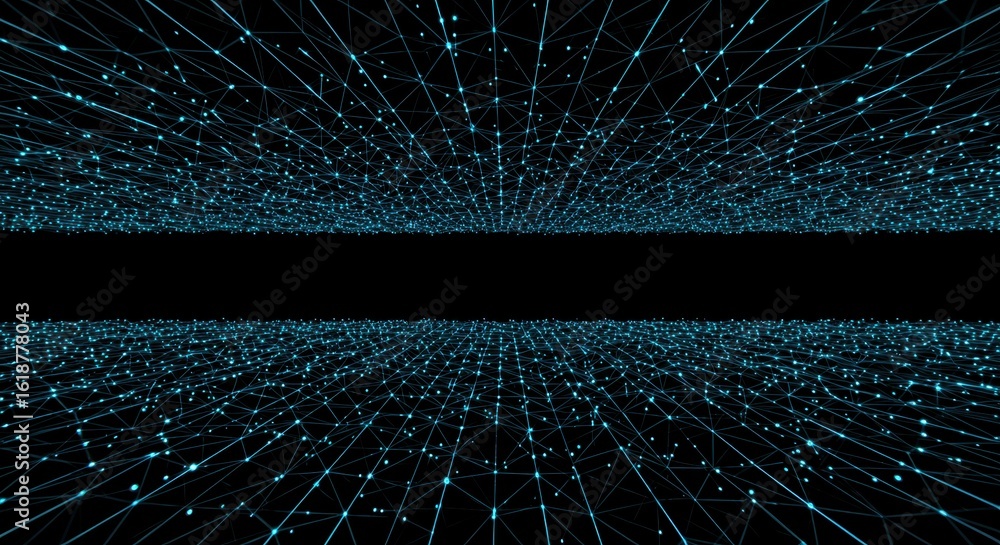 Poster abstract digital network background with glowing blue lines and dots forming a grid