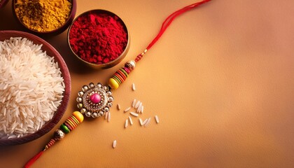 Raksha Bandhan Background Featuring Elegant Rakhi, Rice Grains, and Kumkum