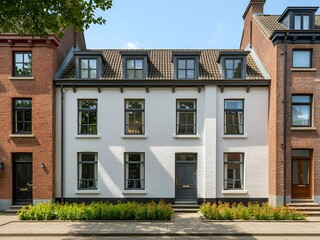 Facade of a white building with black framed windows