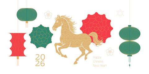 2026 Chinese new year greeting card template, year of the Horse design with modern geometric style . Horse silhouette with lanterns and eastern flowers isolated on transparent background. Minimalism