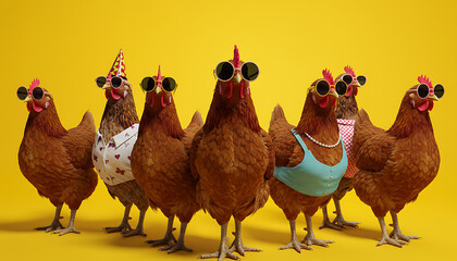 Stylish Chickens Wearing Apparel Against Bright Yellow Backdrop in Studio