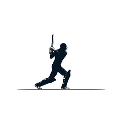 A silhouette of a cricket player in action, swinging a bat.