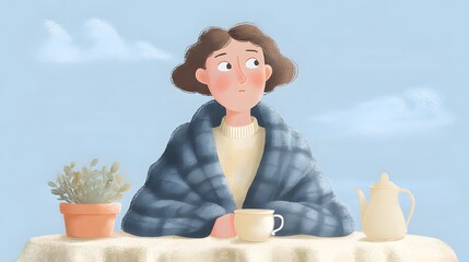 A young woman with brown hair sits at a table, wrapped in a blue blanket. She holds a cup of tea, with a potted plant nearby. The scene evokes comfort and autumn vibes.