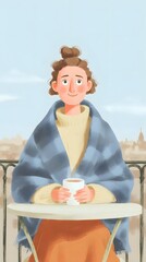 A young Caucasian woman with brown hair sits at a table, wrapped in a blue plaid blanket, holding a cup. The scene evokes autumn comfort and a slow life atmosphere.