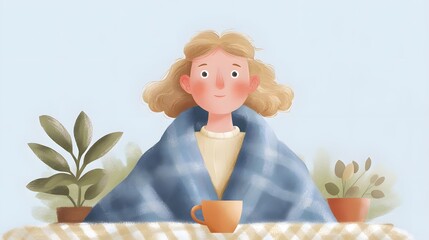 A young Caucasian girl with curly blond hair sits at a table wrapped in a blue blanket. She holds a cup, surrounded by potted plants, evoking a cozy autumn atmosphere.