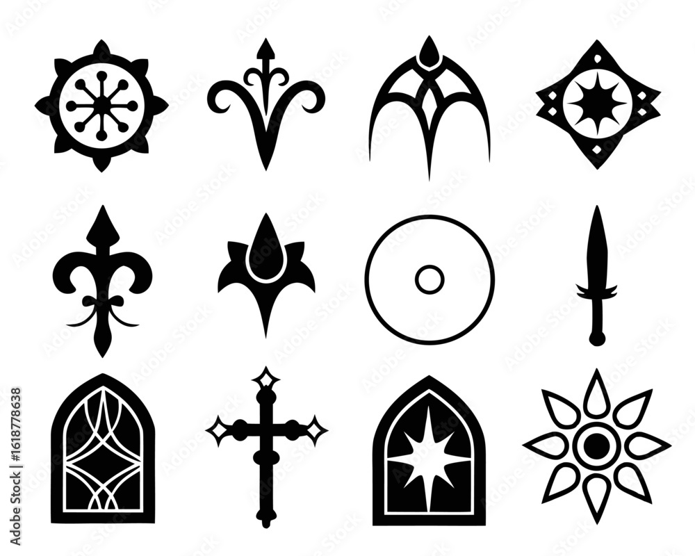 Poster ornate gothic medieval game border design collection with intricate fantasy scrollwork and decorativ