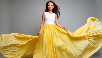 Beautiful Model in Yellow Silk Dress – Waving and Dancing Elegantly