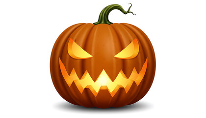 Scary Halloween pumpkin with glowing face on white background.