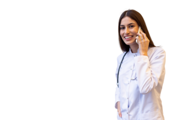 Medical professional in white lab coat, holding smartphone, wearing stethoscope, smiling confidently against transparent backdrop
