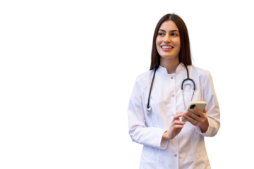 Healthcare worker in white lab coat, stethoscope draped, smiling while using smartphone against clean transparent background