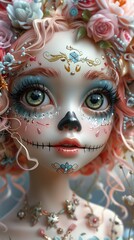 Adorable sugar skull girl with bright pink hair and dark punk-inspired makeup.