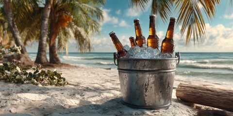 A metal bucket filled with ice and beer bottles sits on a tropical beach with palm trees. The image captures the refreshing and relaxing vibe of a beach outing.