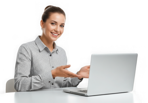 Smiling woman presenting information on laptop isolated on transparent background