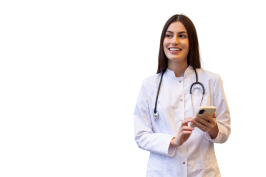 Healthcare worker in white lab coat, stethoscope draped, smiling while using smartphone against clean transparent background