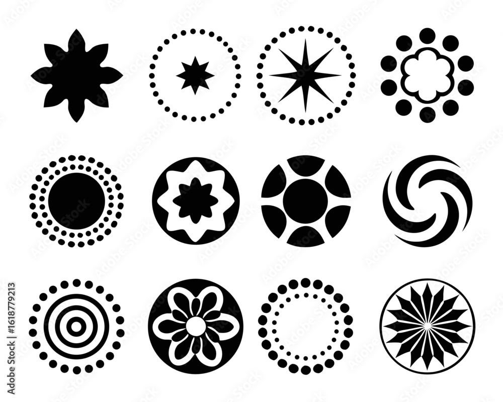 Poster abstract circular frame design featuring a dotted spiral pattern with halftone dot accents in a mode