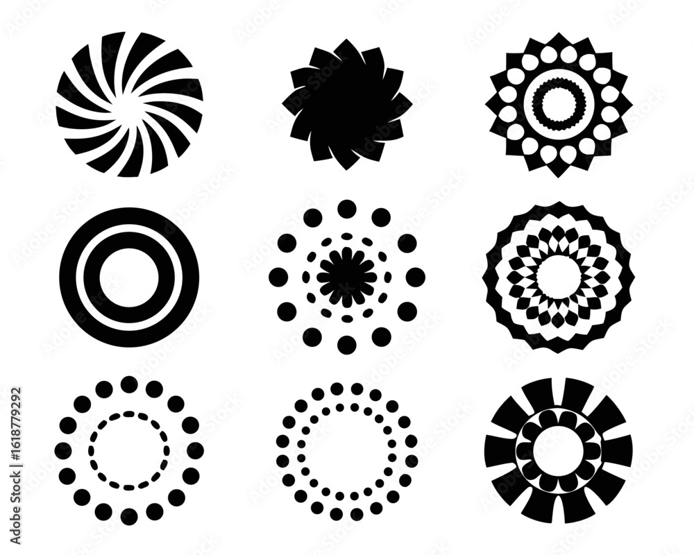Poster abstract circular frame design featuring a dotted spiral pattern with halftone dot accents in a mode